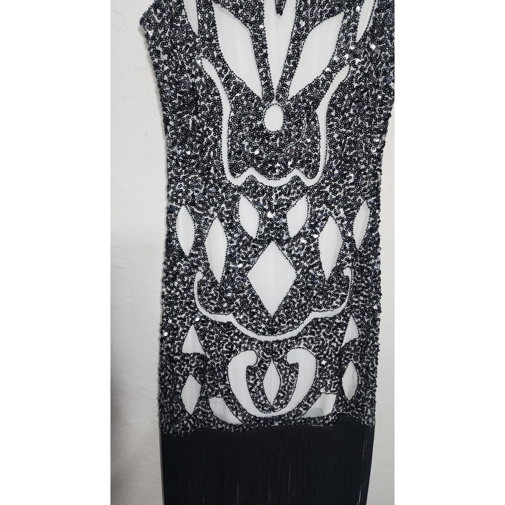 Sequin Flapper Fringe Dress Medium Black White Gatsby Art Deco 20s Style - Picture 5 of 7